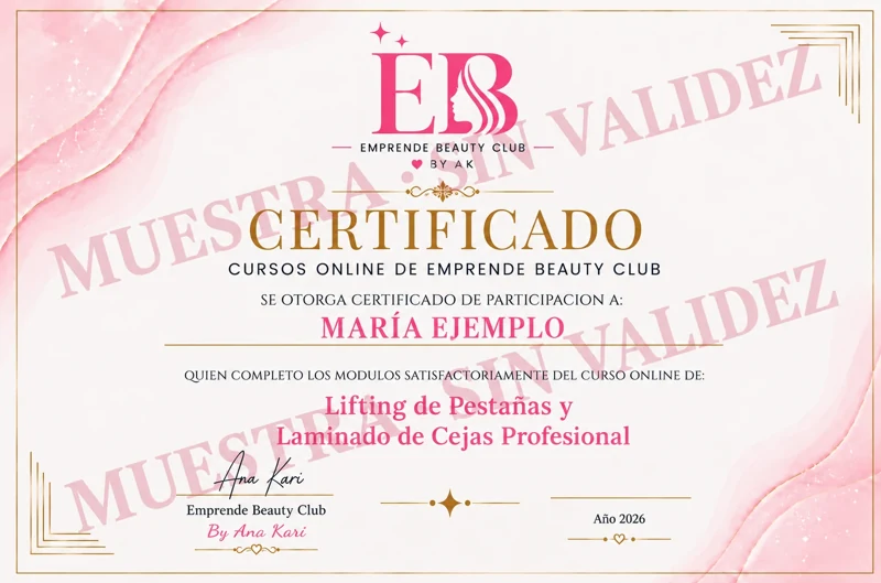 Muestra del certificado de Lifting de Pestañas y Laminado de Cejas Profesional
