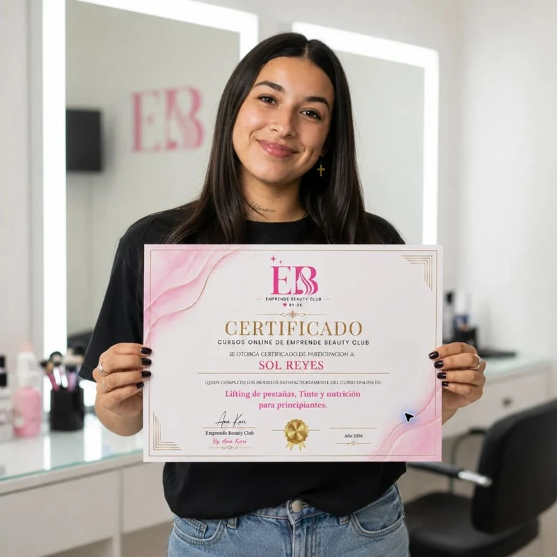 Alumna sosteniendo el certificado de Emprende Beauty Club