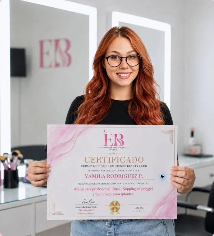 Alumna sosteniendo el certificado de Emprende Beauty Club